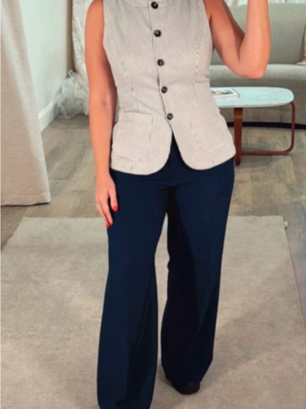 HAUSEN Navy & White Striped Sleeveless Button Vest